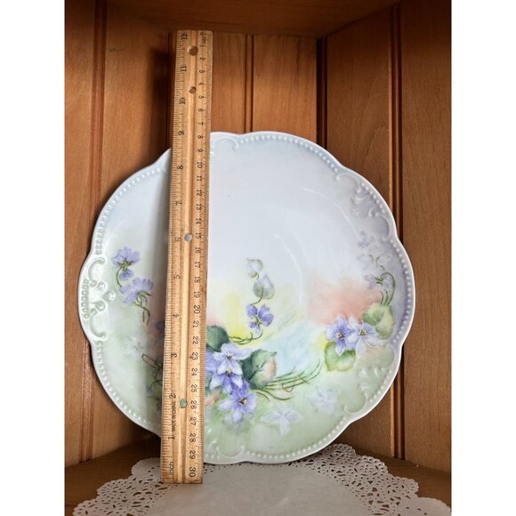 Antique Hand-Painted Porcelain Cake Plate Scalloped Edge Violet Floral Victorian - Picture 2 of 5